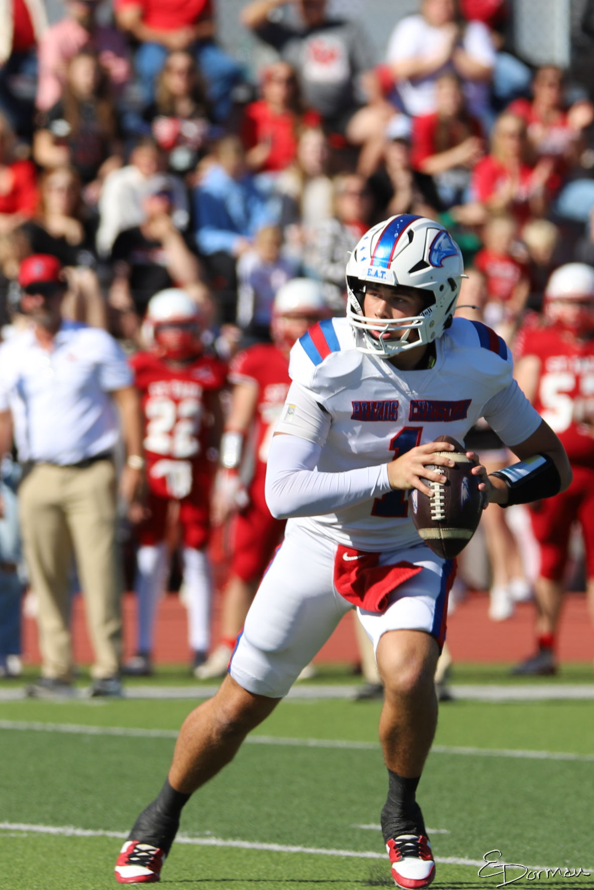 Cooper Murr, quarterback for Brazos Christian School, in action during a varsity football game