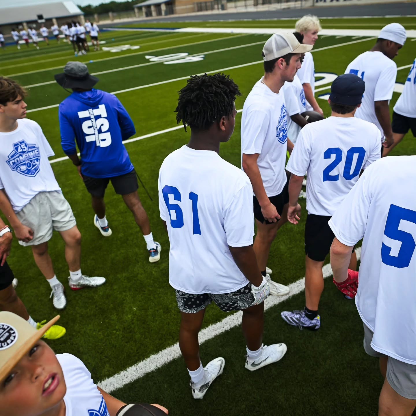 Student-athletes participating and engaging at a Taylor Sports Performance youth football combine and athlete development camp in East Texas