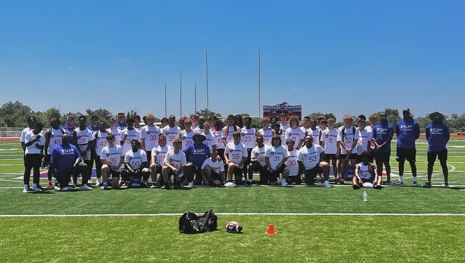 Youth athletes and coaches participating in a Taylor Sports Performance community athletic development camp in East Texas.